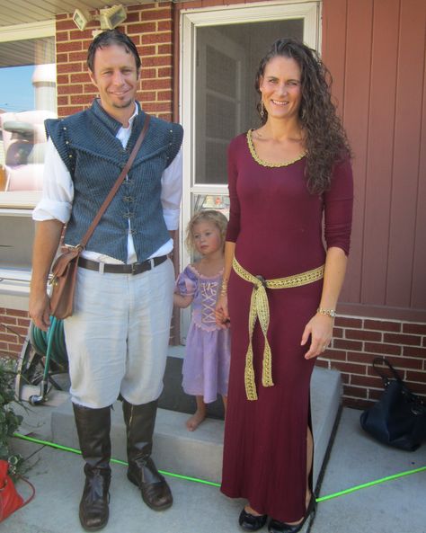 DIY Flynn Rider and Mother Gothel costumes from Tangled.  Sort of winged it with patterning and constructing the vest and spats/fake boot shoe covers. I found it was best to draw the pattern on an old t-shirt while my husband was wearing it. The dress I bought cheap and embellished with gold stuff from JoAnn's. Mother Gothel Costume Diy, Diy Flynn Rider Costume, Tangled Family Costume, Mother Gothel Costume, Narnia Costumes, Disney Costumes Diy, Tangled Birthday Party, Diy Halloween Costumes For Kids, Halloween 2018