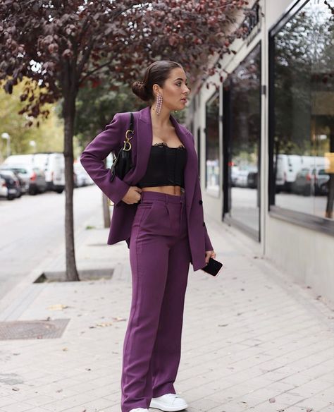 Purple Blazer Outfits For Women Classy, Purple Pant Suits For Women, Purple Formal Suit Women, Event Suit Women, Women Purple Suit, Purple Prom Suit Women, Plum Suit For Women, Purple Pant Suit, Dark Purple Suit Women