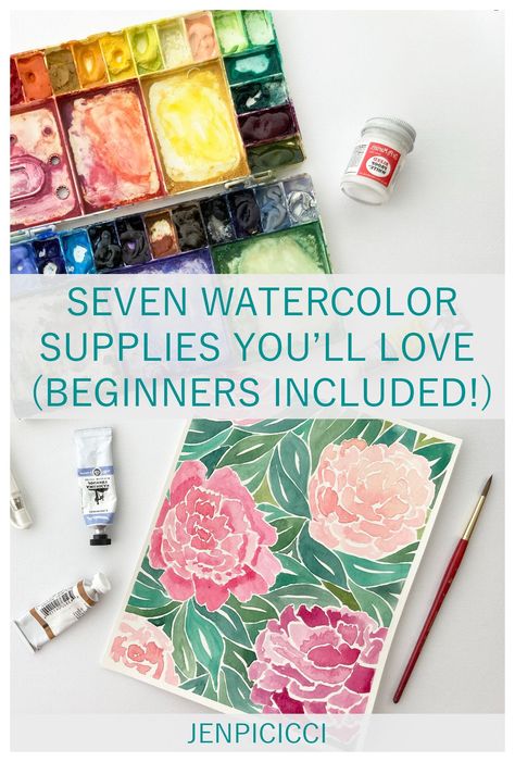 Here's a list of all the watercolor supplies I use and wish I'd known about when I started painting! From paper to pens to extras, I've got you covered. Learning Watercolor, Beginning Watercolor, Watercolor Painting For Beginners, Watercolor Supplies, Paintings Tutorials, Water Coloring, Watercolor Tips, Watercolor Paintings For Beginners, Intuitive Painting