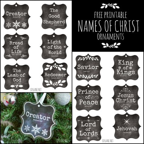 Names of Christ - free printable ornaments - ldslane.net Names Of Jesus Advent Free Printable, Christ Ornaments Diy, Names Of God Ornaments, Names Of Christ Printable, Names Of Jesus Ornaments Diy, Names Of Jesus Printable, Names Of Christ Ornaments, Names Of Jesus Ornaments, Christian Decorations