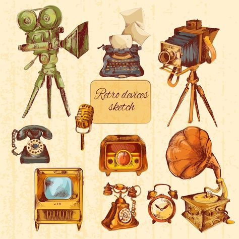 Free vector retro devices sketch colored | Free Vector #Freepik #freevector #camera-doodle #clock-doodle #vintage-objects #camera-illustration Vintage Cameras Drawing, Drawing Themes, Camera Illustration, Camera Drawing, Retro Clock, Vintage Drawing, Vintage Objects, Vintage Theme, Retro Illustration