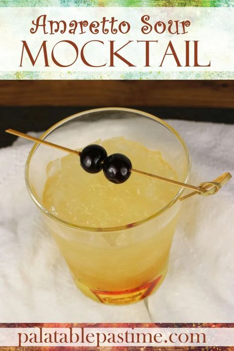 Amaretto Sour Mocktail – Palatable Pastime Palatable Pastime Mocktail Board, Ameretto Sour, Fun Party Drinks, Virgin Drinks, Amaretto Sour, Kid Friendly Drinks, Easy To Make Appetizers, Iced Tea Recipes, Herbal Drinks