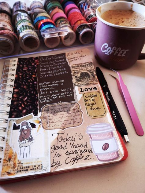 coffee scrapbook bullet journal page Coffee Journal Page, Coffee Journal Aesthetic, Chocolate Journal, Coffee Bullet Journal, Cafe Journal, Physics Design, Coffee Journal, Good Day Coffee, Bullet Journal Scrapbook