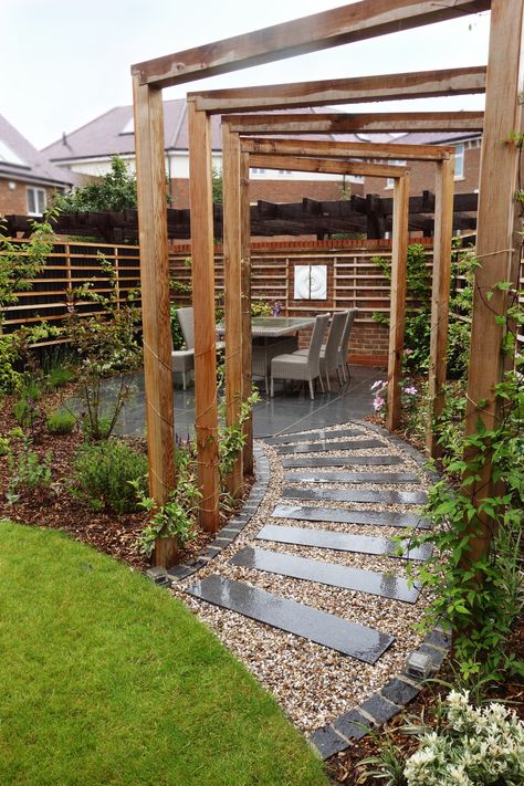 Fungerer som et eget spiserom. Pergola Wall, Minimalist Garden, Back Garden Design, Pergola Design, Garden Stepping Stones, Backyard Inspiration, Outdoor Gardens Design, Pergola Plans, Pergola Patio