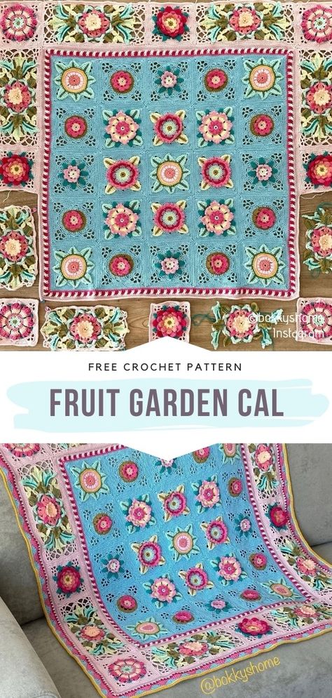 Fruit Garden Crochet Pattern, Flower Garden Crochet Blanket, Garden Blanket Crochet, Fruit Garden Cal Crochet, Floral Crochet Blanket Pattern Free, Cal Crochet Blanket, Cal Blanket Crochet Pattern, Crochet Along Blanket Patterns Free, Cal Crochet Free Pattern