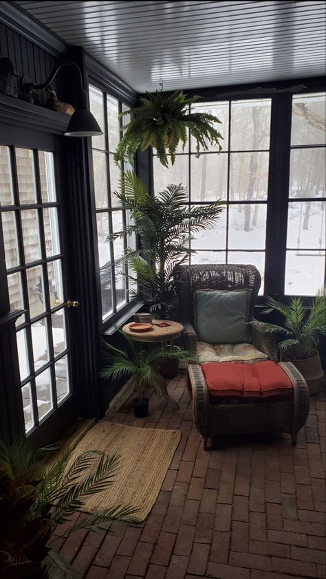 Screened In Porch With Plants, Screen In Porch Furniture Ideas, Large Enclosed Porch Ideas, Sunroom Ideas Dark Walls, Small Front Porch Renovation, Closed Porch Ideas Sunrooms, Plant Porch Ideas, Enclosed Porch Wall Ideas, 3 Seasons Porch