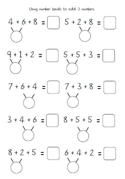 Using number bonds to add 3 numbers Numbers Worksheet, Math Addition Worksheets, First Grade Math Worksheets, Mathematics Worksheets, Number Bonds, 1st Grade Math Worksheets, Math Work, Math Strategies, Kids Math Worksheets