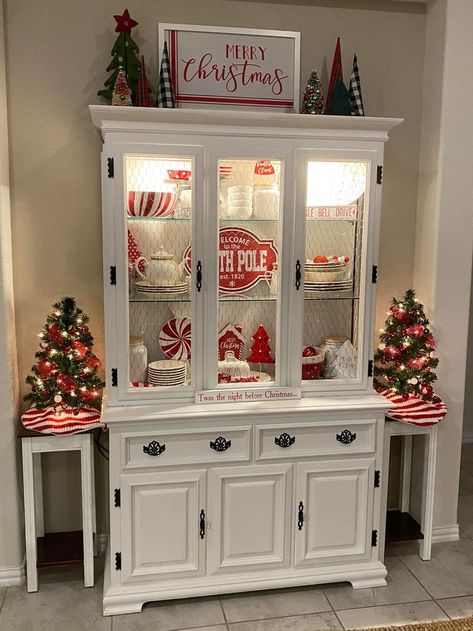 Display Cabinet Christmas Decor, Christmas Armoire Decor, Christmas China Cabinet Display, Kitchen Hutch Christmas Decor, China Cabinet Christmas Decor, Hutch Christmas Decor, Christmas China Cabinet Decor, Decorating Top Of Hutch, China Display Ideas