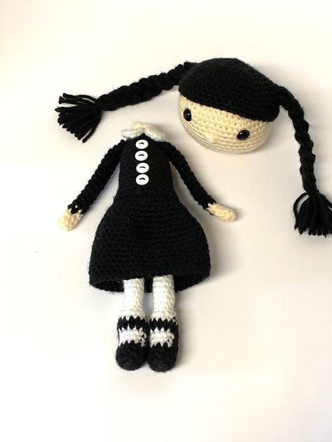 Wednesday Addams Crochet Pattern • Detachable Head - SoftStrings Yarn Designs Wensday Adams Crochet, Adams Family Crochet, Crochet Wensday Doll, Wednesday Adams Crochet Doll, Wednesday Addams Crochet Free Pattern, Crochet Wednesday Addams Doll, Crochet Wednesday Addams, Wednesday Addams Crochet, Crochet Wednesday