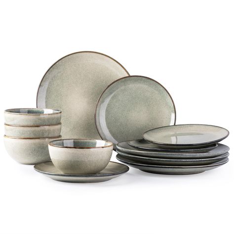 PRICES MAY VARY. HEALTHY & EXCELLENT VALUE : These dinnerware set are made of premium clay making it free of lead and cadmium, NO need to worry about harmful substance leaching into your drinking and food, Twice fired premium ceramic make it sturdy, durable and chip-resistant for long use. WHAT’S IN THE BOX: These series 12-piece dinnerware set includes 4 Pcs 10.5” Dinner Plates, 4 Pcs 8.25” Dessert Plates, 4 Pcs 5.5” (24 OZ) cereal bowls, making it a great set service for 4. BEAUTIFUL REACTIVE Stone Dinnerware, Stoneware Plates, Clay Making, Plates And Bowls Set, Ceramic Dinnerware Set, How To Make Clay, Ceramic Dinnerware, Reactive Glaze, Dessert Plates