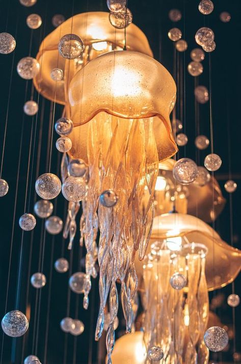 Blown Portfolio: Jellyfish Jellyfish Glass Lamp, Golden Jellyfish, Jellyfish Lamps, Chandelier Interior Design, Jellyfish Chandelier, Jellyfish Sculpture, Jellyfish Lights, Jellyfish Aesthetic, Taz Balance