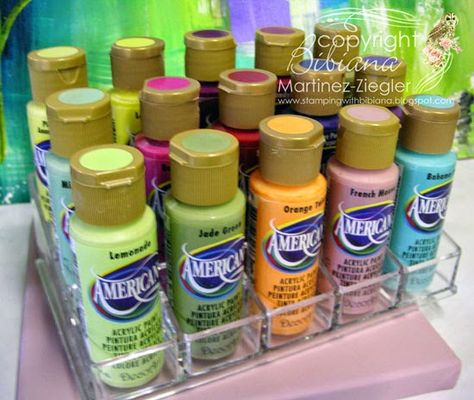 Use acrylic stadium nail polish organizers for paint bottles. #decoartprojects #craftorganization Acrylic Paint Storage Ideas, Painting Supplies Organization, Craft Studio Organization, Acrylic Paint Storage, Acrylic Paint Bottles, Craft Paint Storage, Paint Bottles, Rock Painting Supplies, Supply Organization