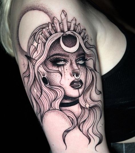 Demon Goddess Tattoo, Goth Goddess Tattoo, Demon Woman Tattoo Design, Space Goddess Tattoo, Witch Tattoo Arm Sleeve, Gothic Lady Tattoo, Nyx Tattoo Goddesses, Spooky Tattoo Designs, Witchy Tattoo Ideas Goddesses