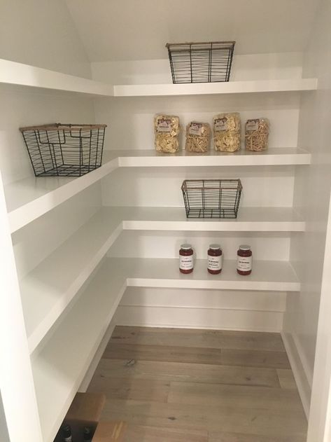 #pantryideas #kitchen #organization Kitchen Store Ideas, White Pantry Shelves, Shelves In Pantry Closet, Easy Diy Pantry Shelves, Small Store Room Ideas, Pantry In Basement, Easy Pantry Shelves, Under Stair Pantry, Small Pantry Design