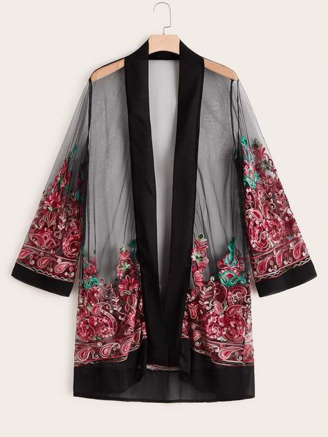 Embroidery Boho, Plus Size Kimono, Embroidered Kimono, Neck Embroidery, Black Kimono, Wedding Dresses Plus Size, Plus Size Womens Clothing, Kimono Jacket, Shein Style