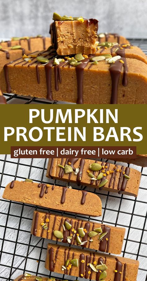 These low carb pumpkin protein bars are easy to make and packed with protein. In addition, they contain only a few simple paleo and vegan ingredients, including pea protein, almond butter and pumpkin puree. This healthy pumpkin protein bar recipe is perfect for an on-the-go snack or quick post workout treat. #lowcarb #pumpinproteinbars #proteinbars Paleo Protein Bar Recipe, Pumpkin Protein Bars, Paleo Protein Bars, Low Carb Protein Bars, Healthy Protein Bars, Dairy Free Low Carb, Pumpkin Protein, Vegan Protein Bars, Cacao Butter