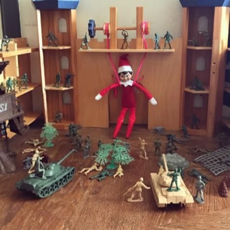 Elf On The Shelf Army Men, Elf On The Shelf Climbing Bows, Elf On The Shelf Wall Climbing, Elf On The Shelf And Dinosaurs, Elve On A Shelf Ideas, Army Men, Son Love, On The Shelf, My Son