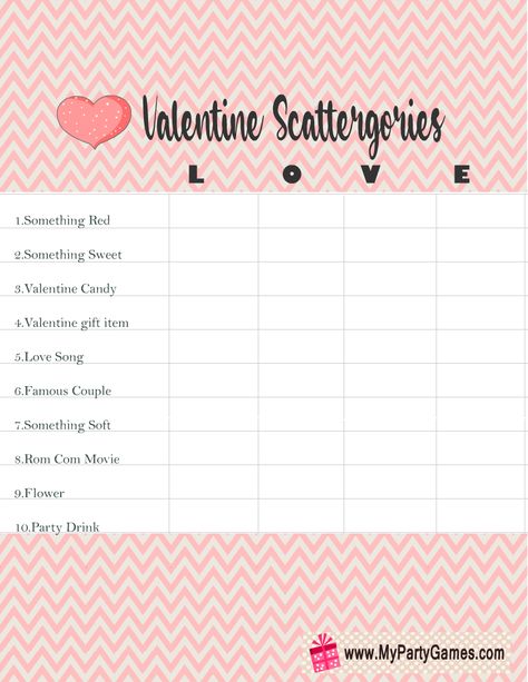 Free Printable Scattergories inspired Valentine’s Day Game Valentines Scattergories Free Printable, Valentine's Day Party Games, Thinking Process, Valentine's Day Games, Making Words, Valentine's Day Party, Valentine Candy, Famous Couples, Sweet Valentine