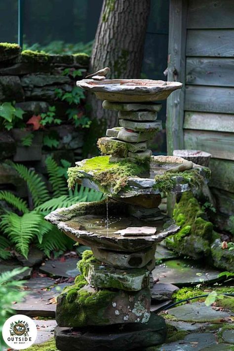 Statues In The Garden, Waterfall Bird Bath, Bird Bath Ideas Landscaping, Garden Water Features Ideas, Modern Bird Baths, Rustic Bird Baths, Unique Bird Baths, Stone Bird Bath, Bird Bath Ideas