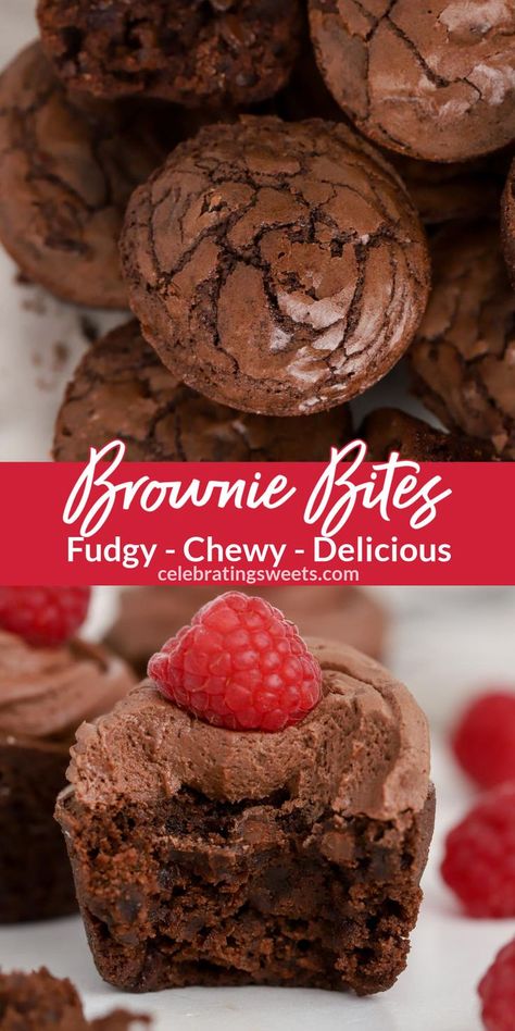 These Brownie Bites are fudgy, chewy, and packed with chocolate. A delicious bite-sized treat with a shiny-crinkly top and the perfect brownie texture. Serve on their own or top with a swirl of frosting. Mini Brownie Bites With Frosting, Mini Cupcake Brownie Bites, Chocolate Bitesize Desserts, Chocolate Dessert Bites, 2 Bite Brownie Recipe, Homemade Brownie Bites, Brownie Bites With Frosting, Small Desserts For Parties Bite Size, Two Bite Brownie Recipe