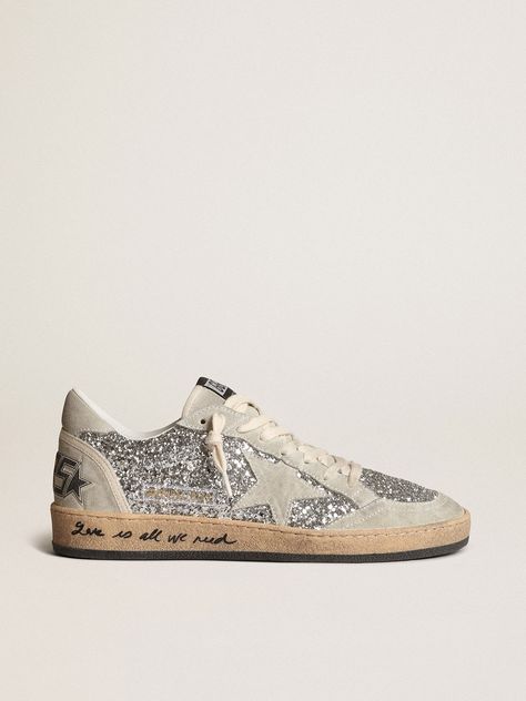 Ball Star in silver glitter with ice-gray suede inserts | Golden Goose Golden Goose Ball Star, Love Is All We Need, Golden Family, The Eighties, Goose Sneakers, 3 Shoes, Glitter Sneakers, Golden Goose Sneakers, Star Shoes