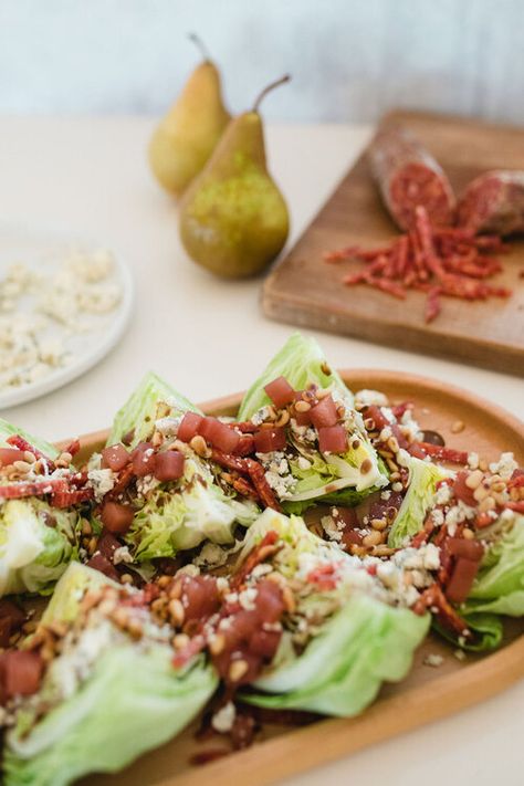 Iceberg Babies Winter Wedge Salad | Hitchcock Farms Christmas Tree Wedge Salad, Wedge Salads, Classic Wedge Salad, Winter Wedges, Wedge Salad, Gorgonzola Cheese, Poached Pears, Toasted Pine Nuts, Balsamic Vinaigrette