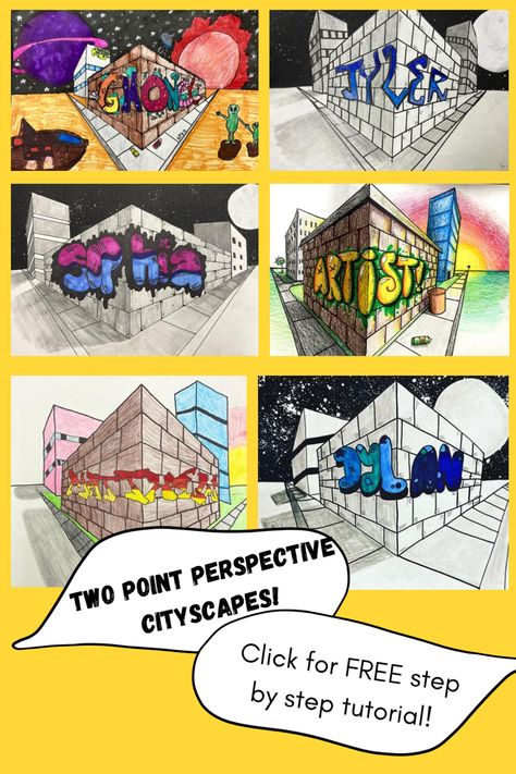 Two point graffiti art project Intermediate Art Ideas, Elementary Perspective Art Projects, Art Projects For School, Perspective Art Projects High School, Perspective Art Projects, Two Point Perspective Art Lesson, Grade 7 Art Ideas, Perspective Lessons For Middle School, Grade 8 Art