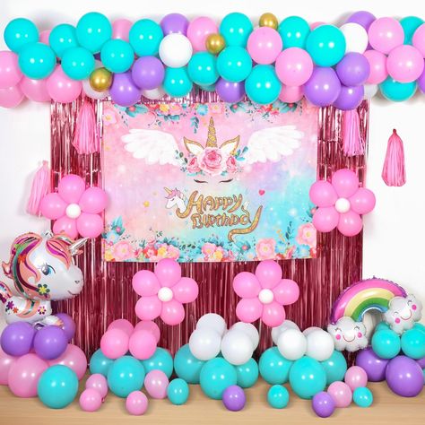 PRICES MAY VARY. PACKAGE INCLUDED: 2 pcs party pink curtains; 1 pack unicorn backdrop, size 5ft*3ft; 36 pcs of 12 inches latex balloons (9 pcs purple, 9 pcs pink, 9 pcs white, 9 pcs light blue); 70 pcs of 5 inches latex balloons (15 pcs purple, 15 pcs pink, 15 pcs white, 15 pcs light blue and 10 pcs golden); 5 pcs pink paper tassel 3pcs balloon glues; 1 roll of balloon arch strip; total 122 pack HIGH QUALITY: The unicorn background is made of thick polyester fabrics with vibrant printing, lightw Unicorn Birthday Party Ideas, Unicorn Background, Unicorn Birthday Decorations, Unicorn Backdrop, Unicorn Birthday Party Decorations, Unicorn Birthday Party, Pink Curtains, Unicorn Theme, Balloon Backdrop