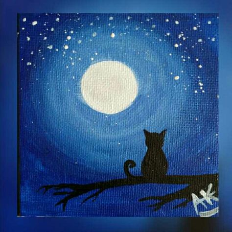 Moon Silhouette Painting, Night Painting Moonlight Easy, Painting Ideas On Canvas Night Sky, Mini Canvas Designs, Bookish Painting Ideas, Easy Cat Painting Ideas On Canvas, Painting Cats Acrylic, Halloween Paint Ideas, Night Drawing Easy