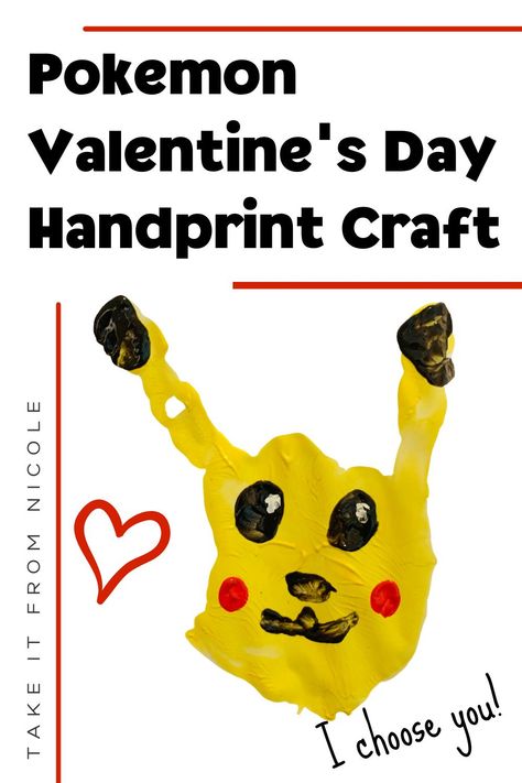 A Pokemon Valentine's Day handprint paint craft that is sure to be a crowd pleaser for both boys and girls. This cute little Pikachu is an easy and kid friendly activity for children. Pokemon Valentine's, Aba Ideas, Work Printables, Pokemon Valentine, Kids Backyard, Pokemon Theme, Hand Prints, Winter Pins, Kid Friendly Activities