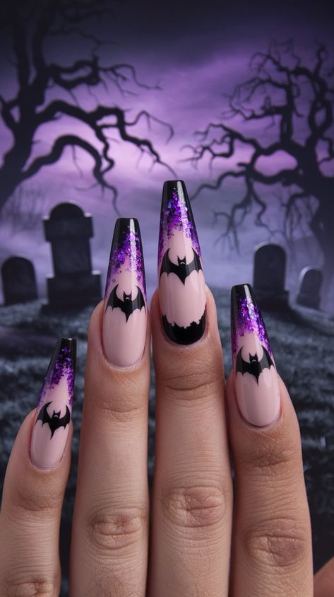 Unleash your inner witch with these gothic glam acrylic nails! The warm beige base beautifully contrasts with the enchanting purple glitter, while the bat wings add a whimsical touch. Ideal for any Halloween celebration or just to show off your spooky style!
#halloweennails #halloweenvibe #fallnails #acrylicnails #nailsdesign #nailsinspo #octobernails Purple Witch Nails, Glam Acrylic Nails, Witch Nails Halloween, Wing Nails, Bat Nails, Holloween Nails, Witch Nails, Inner Witch, Gothic Glam