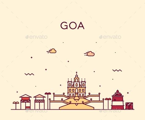 Goa Skyline India Vector Illustration Linear Style Goa Highlight Cover, Goa Drawing Art, Goa Doodle Art, Goa Highlight Cover Instagram, Goa Logo, Kolkata Sketch, Goa Illustration, Goa Culture, Light Switch Covers Diy