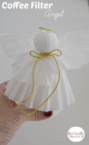 A Simple Coffee Filter Angel Christmas Tree Topper Craft for Kids to Make - Great Christmas decoration, and ornament. www.kidfriendlythingstodo.com Coffee Filter Angels Ornament, Christmas Tree Topper Craft, Snowflakes Crochet, Angels Crochet, Diy Angel Ornaments, Juleverksted For Barn, Christmas Angel Crafts, Folding Board, Diy Angels