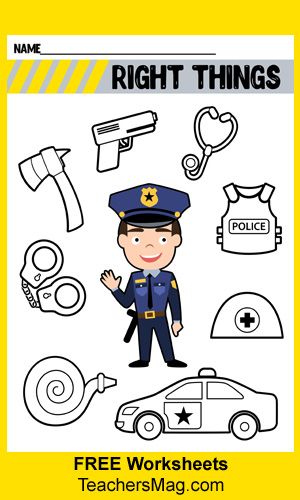 Community Helpers Preschool Worksheets: Police Officer. Have students circle the right things that go with a police officer and put a big, “X,” over the things that do not. Community Helpers Police Officer, Community Helpers Police, Community Helpers Kindergarten, Community Helpers Crafts, Community Helpers Activities, Community Helpers Worksheets, Community Helpers Preschool Activities, Police Activities, Community Helpers Theme