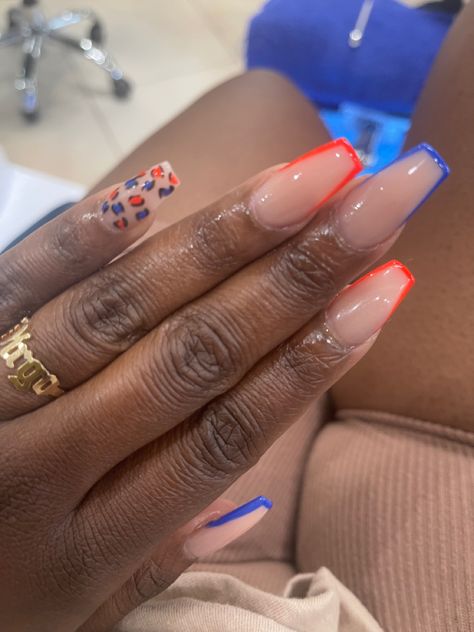 Orange nsils, blue nails Neon Orange And Blue Nails, Dark Blue And Orange Nails, Orange Blue Nails, Orange And Blue Nails, Orange Acrylic Nails, Dark Blue Nails, Orange Nail Designs, Navy Blue Nails, Glitter Nails Acrylic