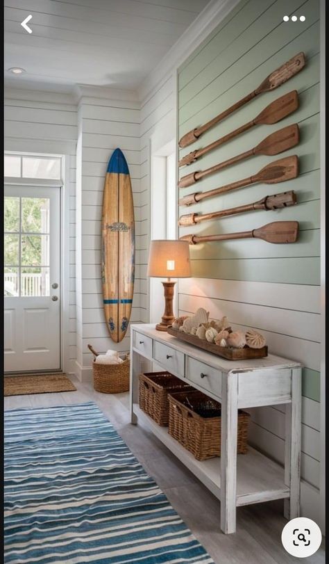 Coastal Front Entryway Ideas, Pier Decorating Ideas, Coastal Cottage Entryway, Nautical Beach House, Lake House Room Ideas, Coastal Foyer Ideas Entryway, Bay House Decor Ideas, Hamptons Style Decor Coastal Chic Beach Houses, Florida Design Interiors