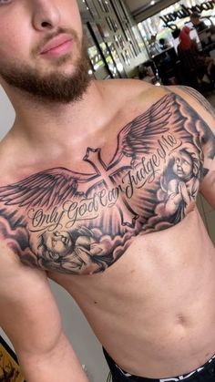 Rip Mom Tattoo For Men Chest, Leg Lettering Tattoo Men, Follow God Tattoo, Cheat Pieces For Men Tattoo, Whole Chest Tattoo For Men, God Chest Tattoo Men, Mens Center Chest Tattoo, One Side Chest Tattoo Men Ideas Unique, Chest God Tattoo