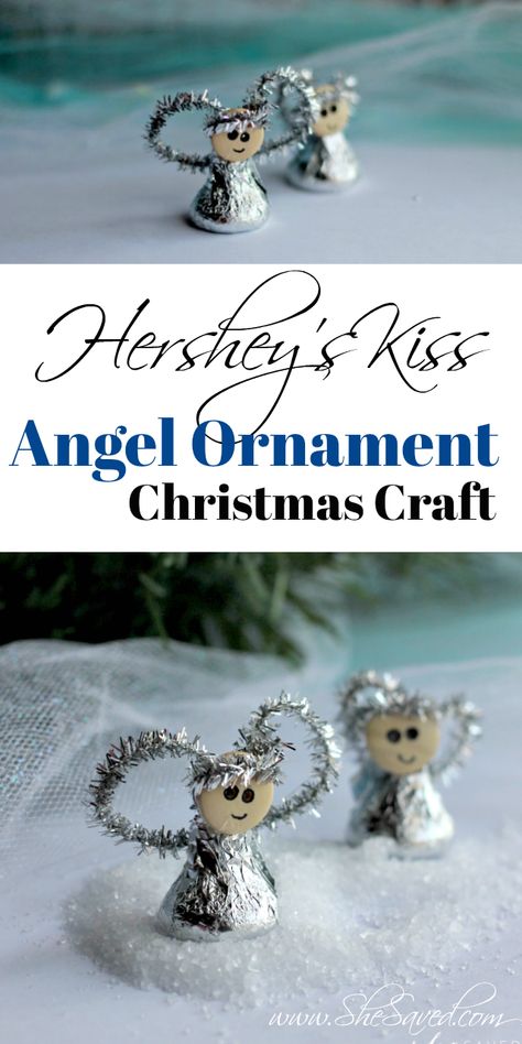 Hershey Kiss Gift Ideas, Hershey Kiss Craft, Hersheys Kisses Gift Ideas, Hersey Kisses Gift Ideas, Easy Angel Ornaments To Make, Hershey Kiss Crafts, Angel Gifts Ideas, Hershey Kiss Christmas Crafts, Angel Ornaments For Kids