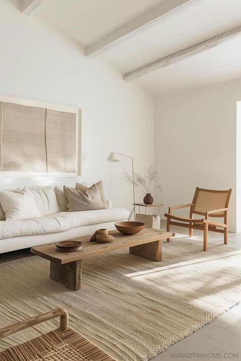 Minimalist living room decor with white walls, jute rug, white sofa, and wood coffee table Small Living Room Minimal, Aesthetic Living Room Decor, Minimalist Living Room Ideas, Design Strategies, Minimalist Living Room Decor, Aesthetic Living Room, Warm Decor, Small Living Room Ideas, Living Room Decor Cozy