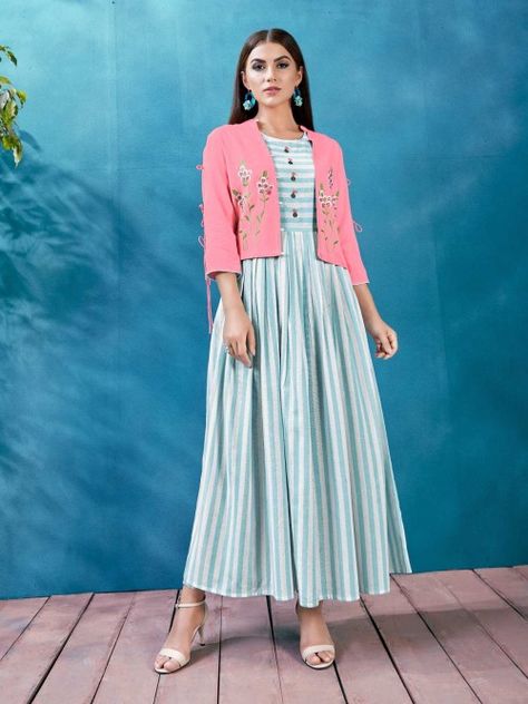 Beautiful multicolour partywear jacket style kurti online for women which is crafted from handloom fabric. Koti Style Kurti, Frock Style Kurti, Jacket Style Kurti, Kurti With Jacket, Style Kurti, Frock Style, Party Wear Kurtis, Cotton Frocks, Gaun Fashion