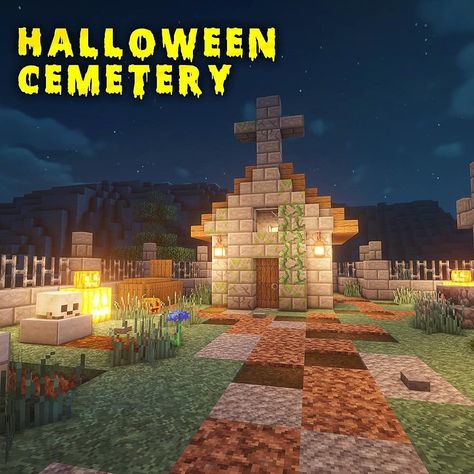 8,746 Likes, 43 Comments - Fresh Minecraft Builds (@freshminecraftbuilds) on Instagram: “Halloween cemetery! 🎃  Tried to incorporate blots to cool designs I've seen on Instagram into one…” Minecraft Cemetery Build, Mc Halloween Builds, Cemetery Minecraft Ideas, Haunted Minecraft Builds, Minecraft Halloween Village, Savannah Minecraft, Grave Yard Minecraft, Halloween Town Minecraft, Spooky Minecraft Ideas