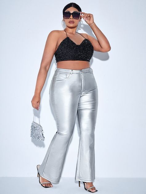 Silver  Collar  Denim Plain Flare Leg Embellished High Stretch Spring/Fall Women Plus Clothing Plus Size Silver Pants, Silver Pants Outfit, Cutout Pants, Flare Leg Pants Outfit, Silver Pants, Velvet Flare Pants, Printed Flare Pants, Shein Pants, High Waisted Flares