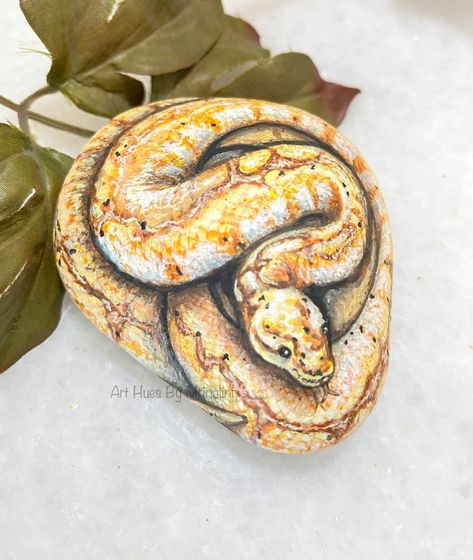 Yellow Ball Python, Snake Rock Painting, Snake Rock, Banana Ball Python, Handmade Paper Gifts, Snake Painting, Rock Animals, Coiled Snake, Yellow Banana