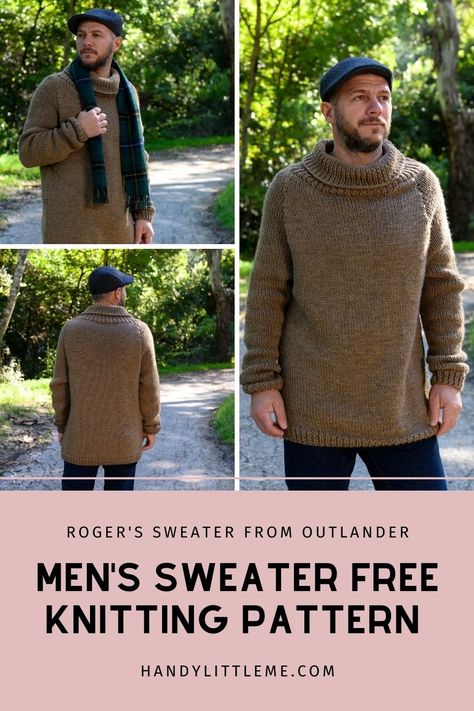 Men's Sweater Knitting Pattern. This sweater is a replica of the sweater Roger MacKenzie is seen wearing in Outlander season 4. The raglan sweater is knit in stockinette stitch for the main body with 1x1 ribbed cuffs and a ribbed turtleneck. Yarn - Chunky/Bulky/12 Ply yarn that can be used with 6mm (US 10) knitting needles and 7mm (US 10.5) knitting needles. Knitting Men Sweater, Mens Chunky Knit Sweater Pattern Free, Knitted Tshirt Pattern, Chunky Knit Sweater Pattern Free, Roger Mackenzie, Oversize Sweater Knitting Pattern, Chunky Knit Sweater Pattern, Mens Knitted Cardigan, Fall Knitting Patterns