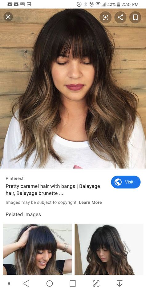 Dark Brown Hair With Highlights Bangs, Dark Brown Hair With Bangs And Highlights, Partial Highlights With Bangs, Bayalage With Bangs Long Hair, Dark Balayage With Bangs, Balayage Brunette With Fringe, Brunette Highlights With Bangs, Fall Hair Color With Bangs, Dark Hair Balayage Bangs