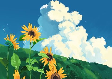 Sunflower Anime Aesthetic, Anime Landscape, Pokemon Painting, Arte Punk, Ghibli Artwork, Sunflower Wallpaper, Studio Ghibli Art, Sunflower Art, Ghibli Art