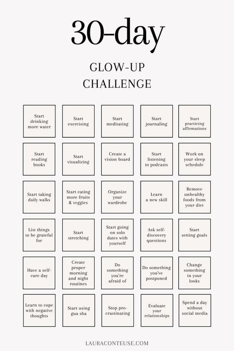 30-Day Glow-Up Challenge Glow Up In A Day, Glow Up In 30 Days, Better Me Challenge, Glowup Checklist, Glow Up Plan, Glow Up Challenge, A Better Me, Better Me, Losing 40 Pounds