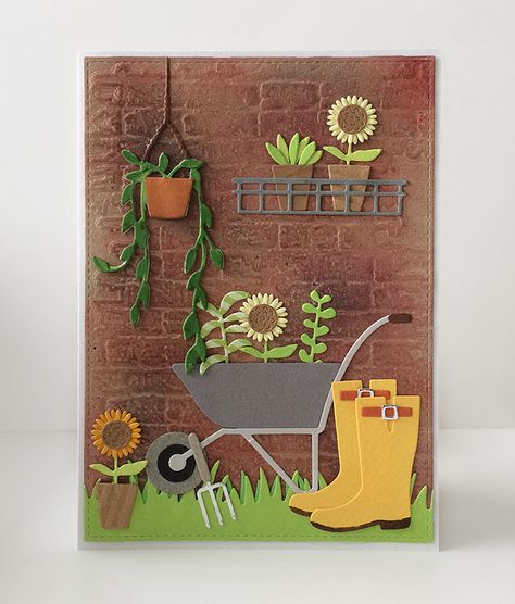 Handmade Garden Cards, Gardening Scrapbook Ideas, Garden Birthday Cards, Gardening Birthday Cards, Garden Birthday Card, Grass Border, Sizzix Cards, Birthday Card Craft, Hand Stamped Cards