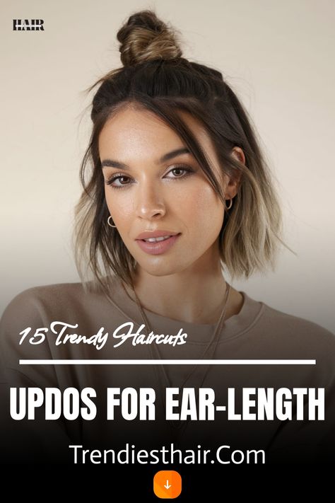 High mini top knot for ear-length hair Top Knot For Short Hair, Top Knot Updo, Hair Top Knot, Knot Updo, Short Hair Top Knot, Twisted Bangs, Knot Hairstyles, Voluminous Updo, Side Braid With Bun