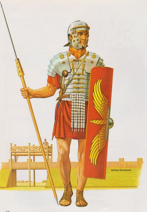 Roman Legionary of the late 1st century AD.  (Peter Connolly/user: Aethon) Peter Connolly, Roman Clothing, Roman Legionary, Roman Clothes, Historical Drawings, Roman Armor, Roman Army, Roman Soldier, Roman Warriors